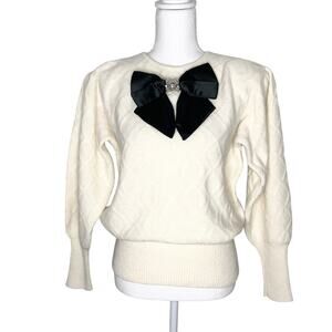 Marisa Christina Vintage Cream Sweater Textured Black Bow Beaded Large